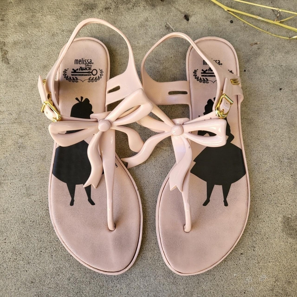 Melissa + Alice In Wonderland Pink Jelly PVC Vinyl Bow Thong Sandal Women's 7